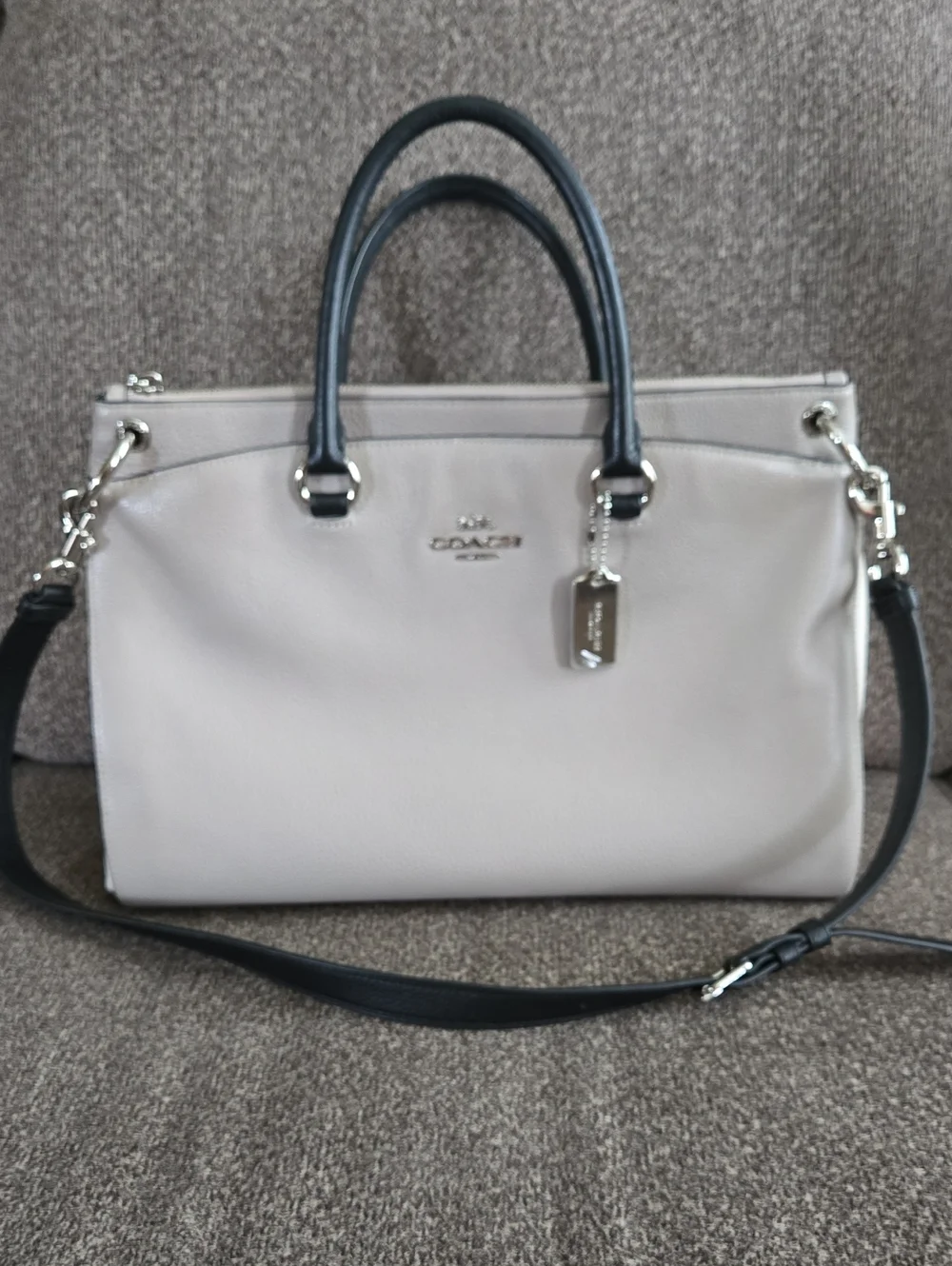 Coach Two-Tone Pebble Leather Satchel in Light Taupe, Cream With Black